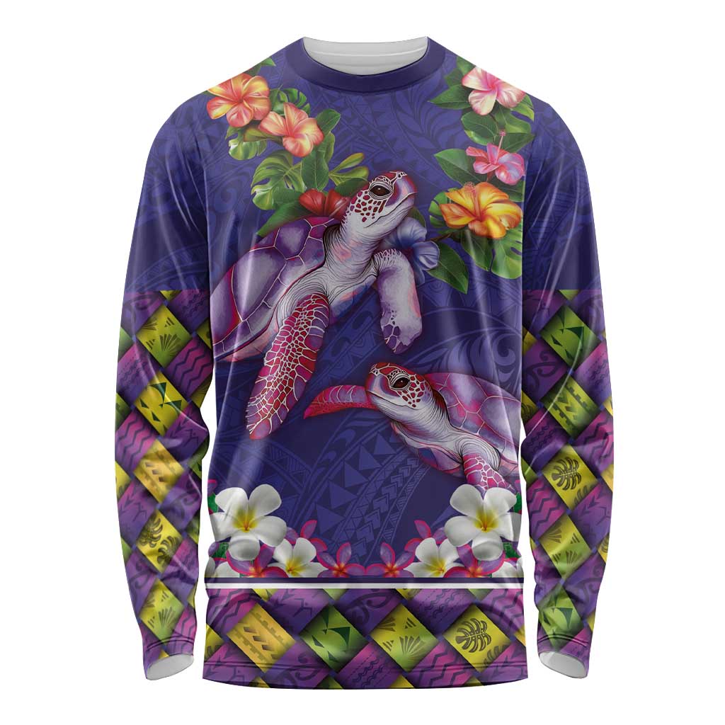 Hawaiian Lei Turtle and Plumeria Long Sleeve Shirt Polynerian Art Tattoo-Navy Color