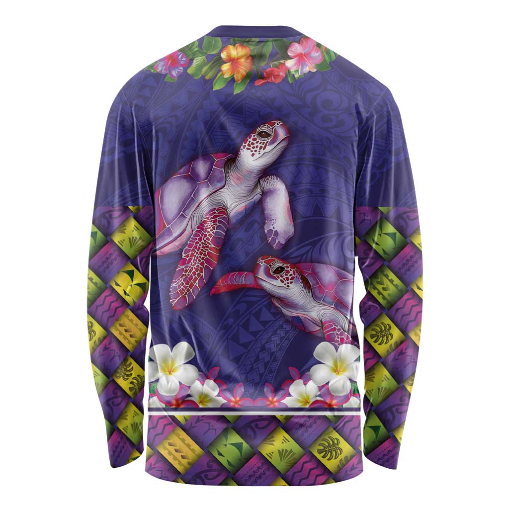 Hawaiian Lei Turtle and Plumeria Long Sleeve Shirt Polynerian Art Tattoo-Navy Color
