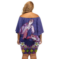 Hawaiian Lei Turtle and Plumeria Off Shoulder Short Dress Polynerian Art Tattoo-Navy Color