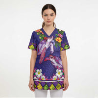 Hawaiian Lei Turtle and Plumeria Scrub Top Polynerian Art Tattoo-Navy Color - Polynesian Pride