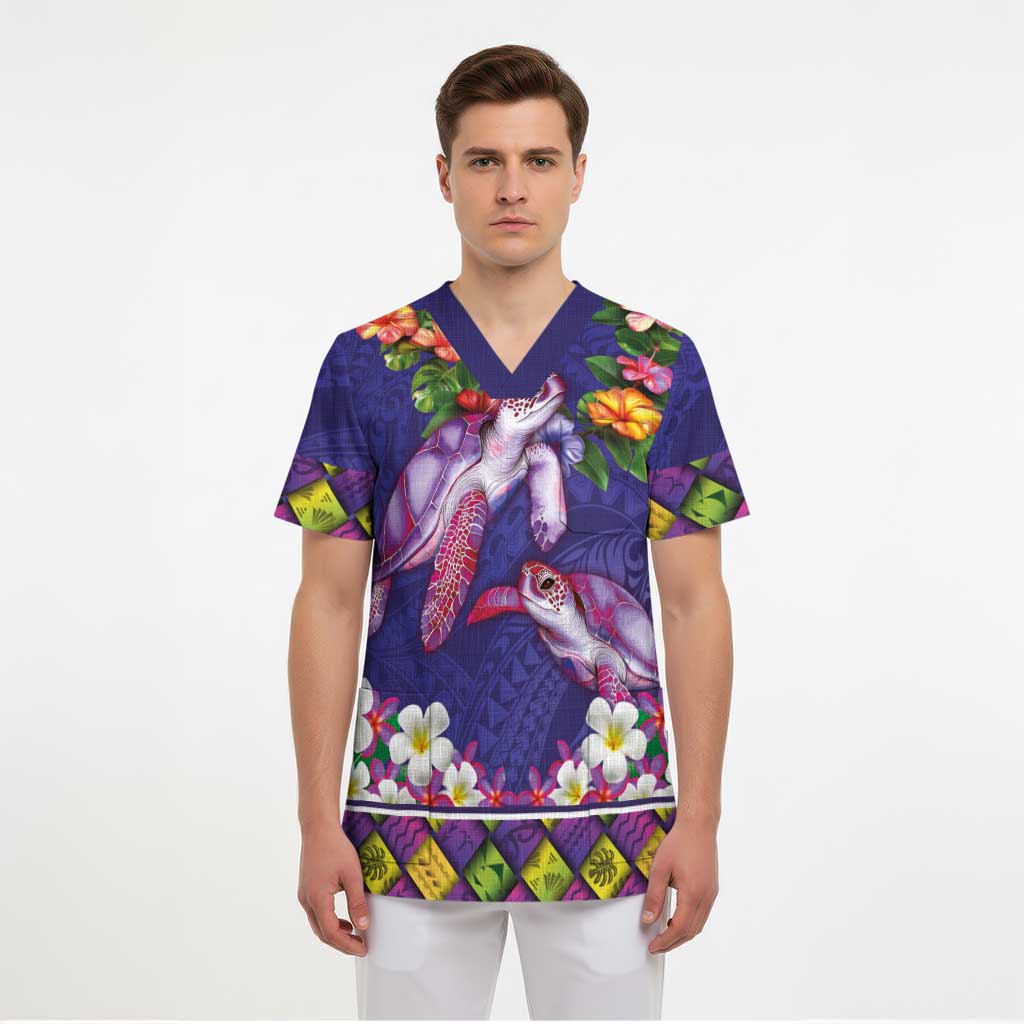 Hawaiian Lei Turtle and Plumeria Scrub Top Polynerian Art Tattoo-Navy Color - Polynesian Pride