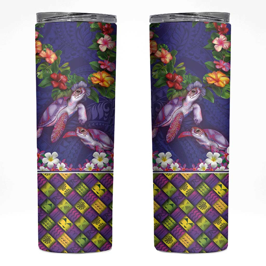 Hawaiian Lei Turtle and Plumeria Skinny Tumbler Polynerian Art Tattoo-Navy Color