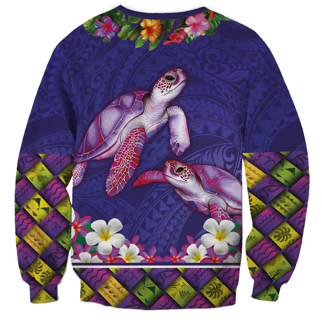 Hawaiian Lei Turtle and Plumeria Sweatshirt Polynerian Art Tattoo-Navy Color