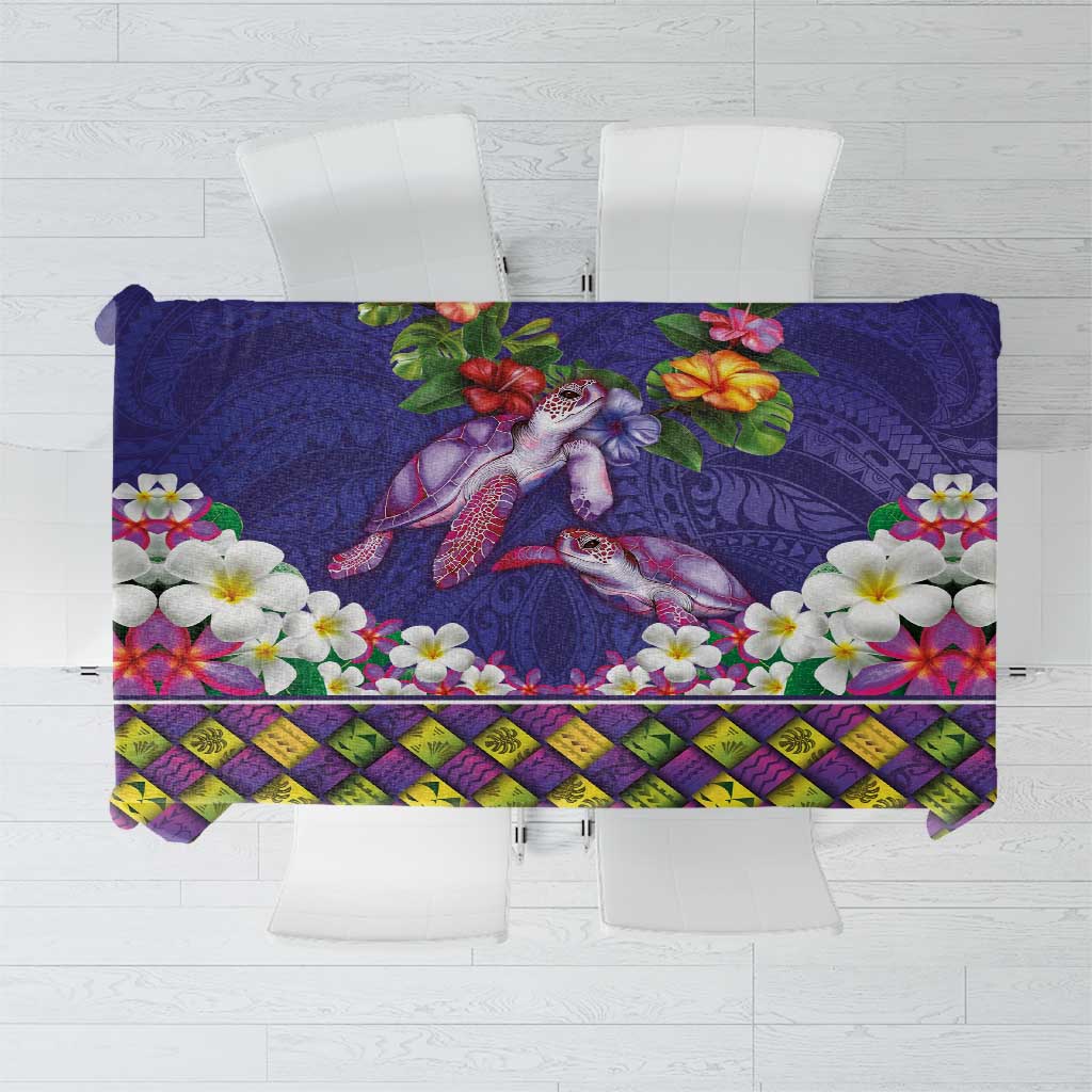 Hawaiian Lei Turtle and Plumeria Tablecloth Polynerian Art Tattoo-Navy Color