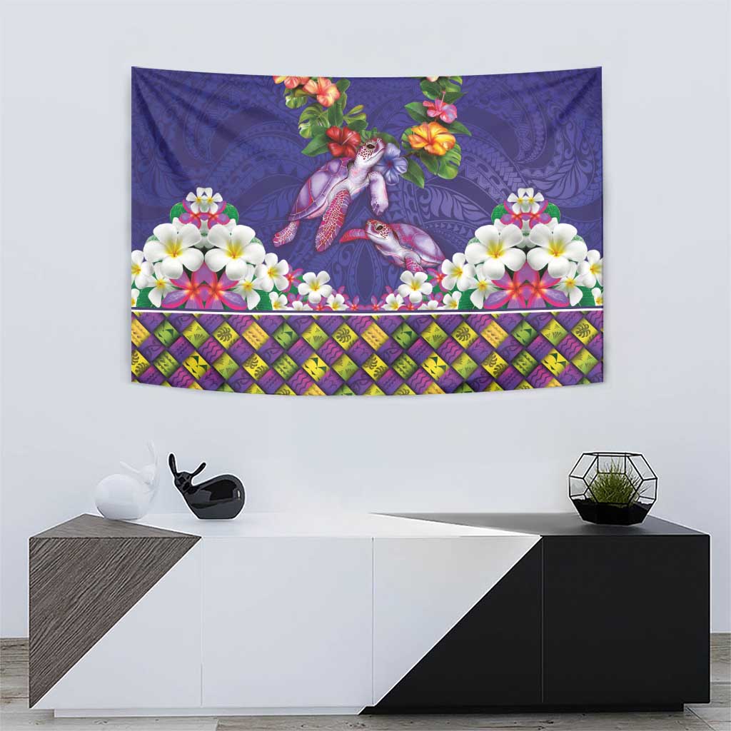 Hawaiian Lei Turtle and Plumeria Tapestry Polynerian Art Tattoo-Navy Color