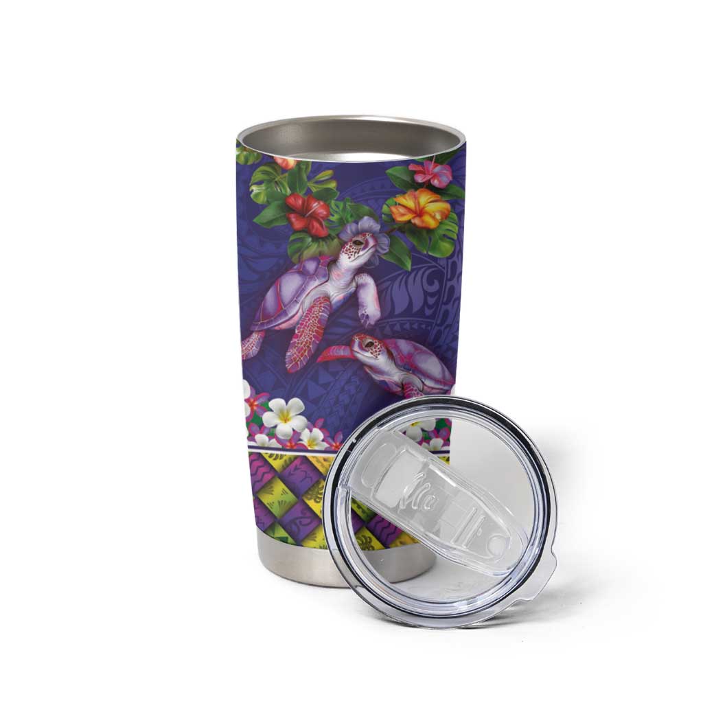 Hawaiian Lei Turtle and Plumeria Tumbler Cup Polynerian Art Tattoo-Navy Color