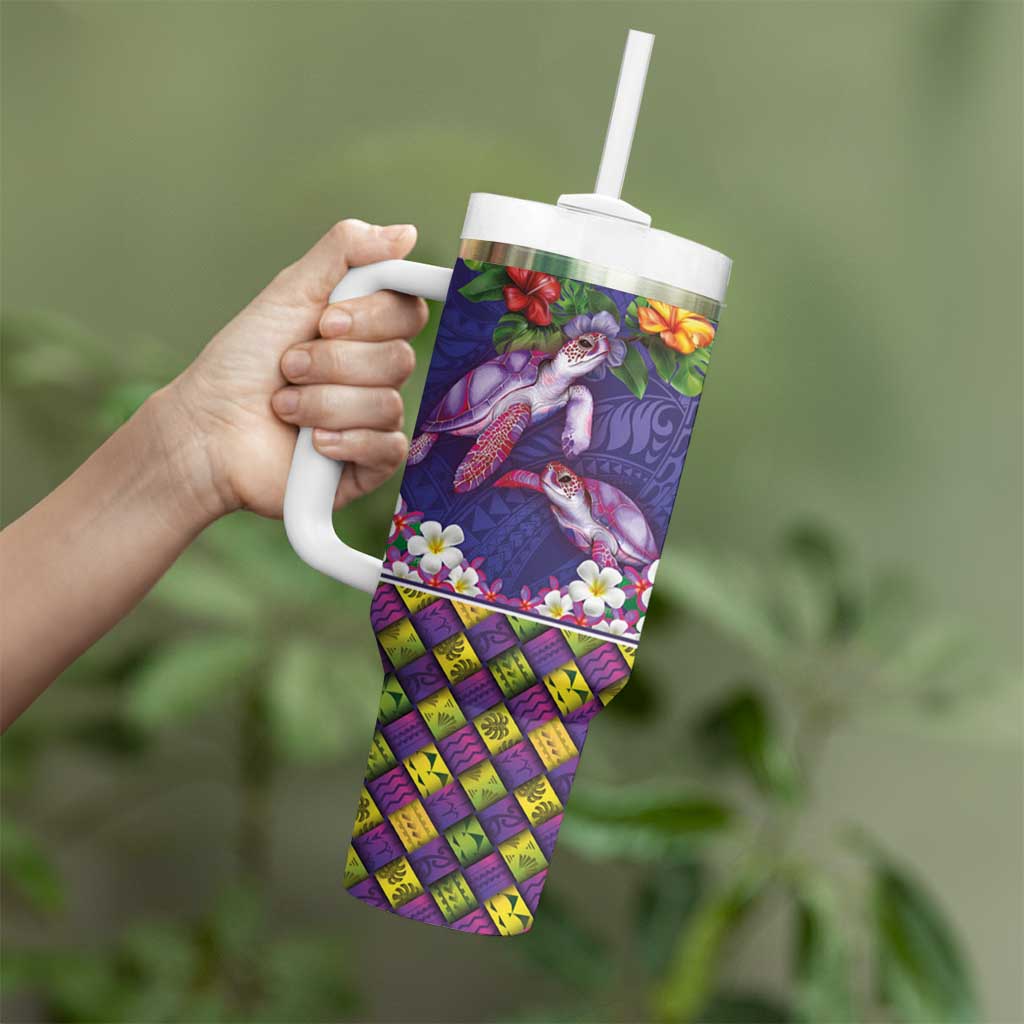 Hawaiian Lei Turtle and Plumeria Tumbler With Handle Polynerian Art Tattoo-Navy Color