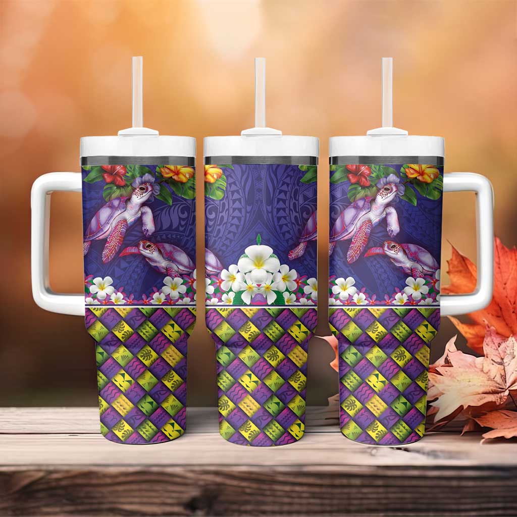Hawaiian Lei Turtle and Plumeria Tumbler With Handle Polynerian Art Tattoo-Navy Color