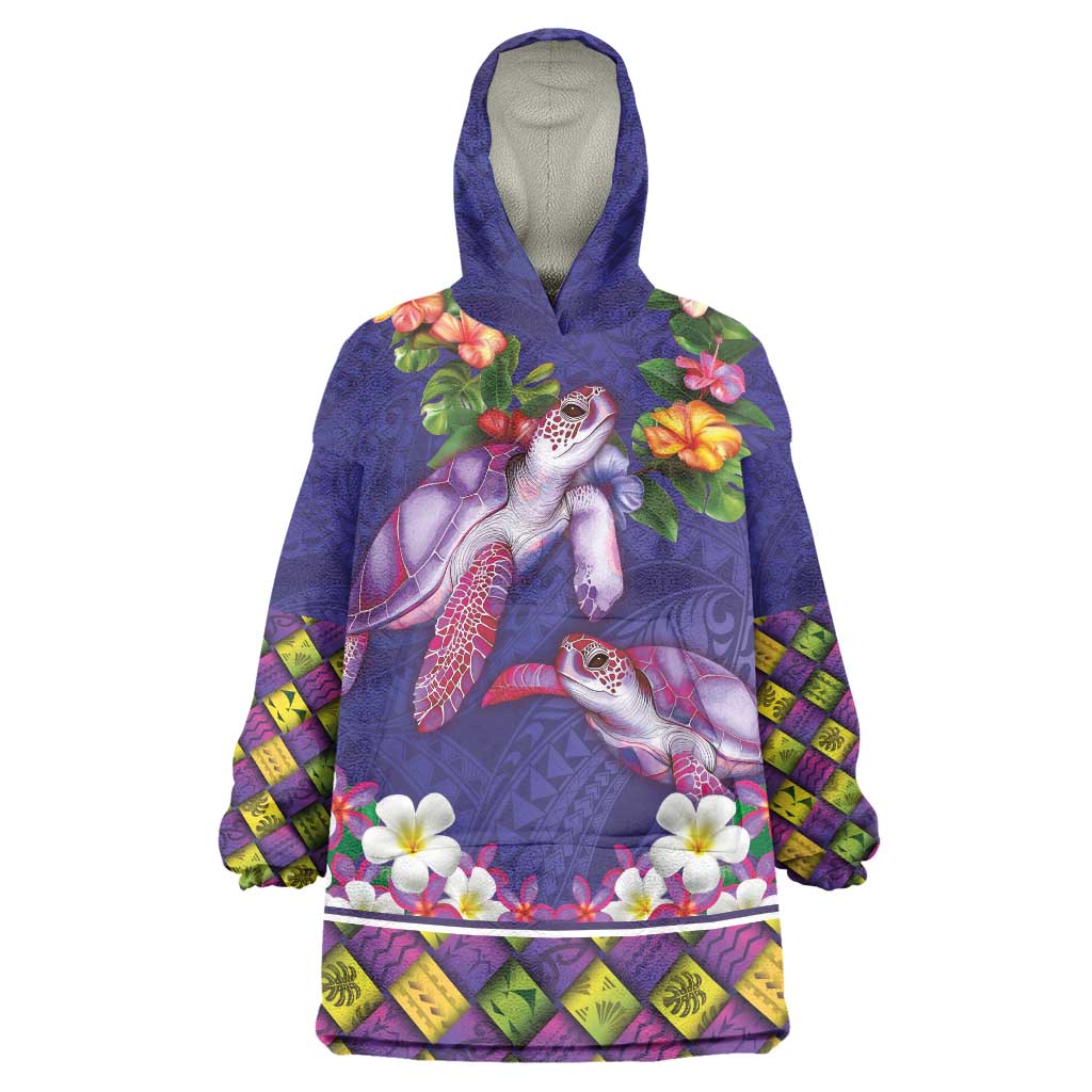 Hawaiian Lei Turtle and Plumeria Wearable Blanket Hoodie Polynerian Art Tattoo-Navy Color