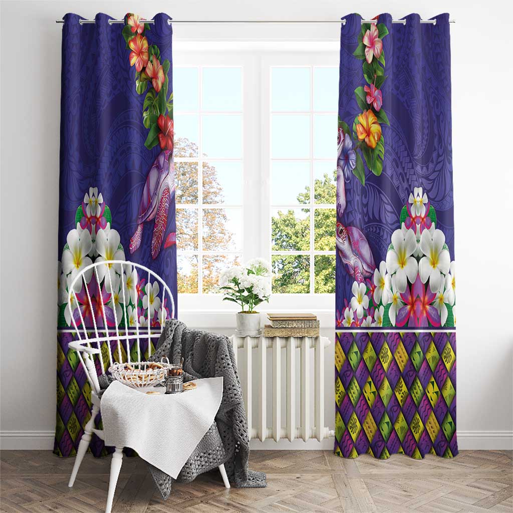 Hawaiian Lei Turtle and Plumeria Window Curtain Polynerian Art Tattoo-Navy Color