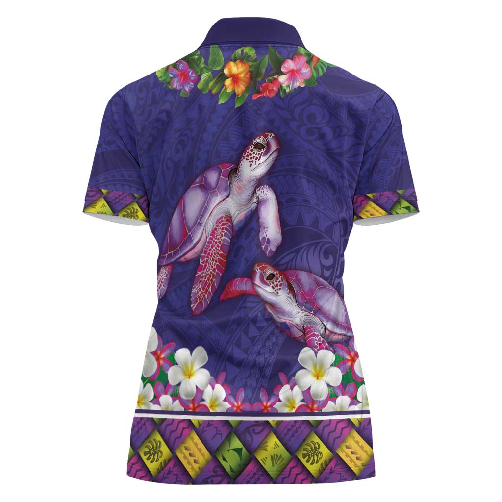 Hawaiian Lei Turtle and Plumeria Women Polo Shirt Polynerian Art Tattoo-Navy Color