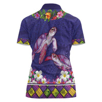 Hawaiian Lei Turtle and Plumeria Women Polo Shirt Polynerian Art Tattoo-Navy Color