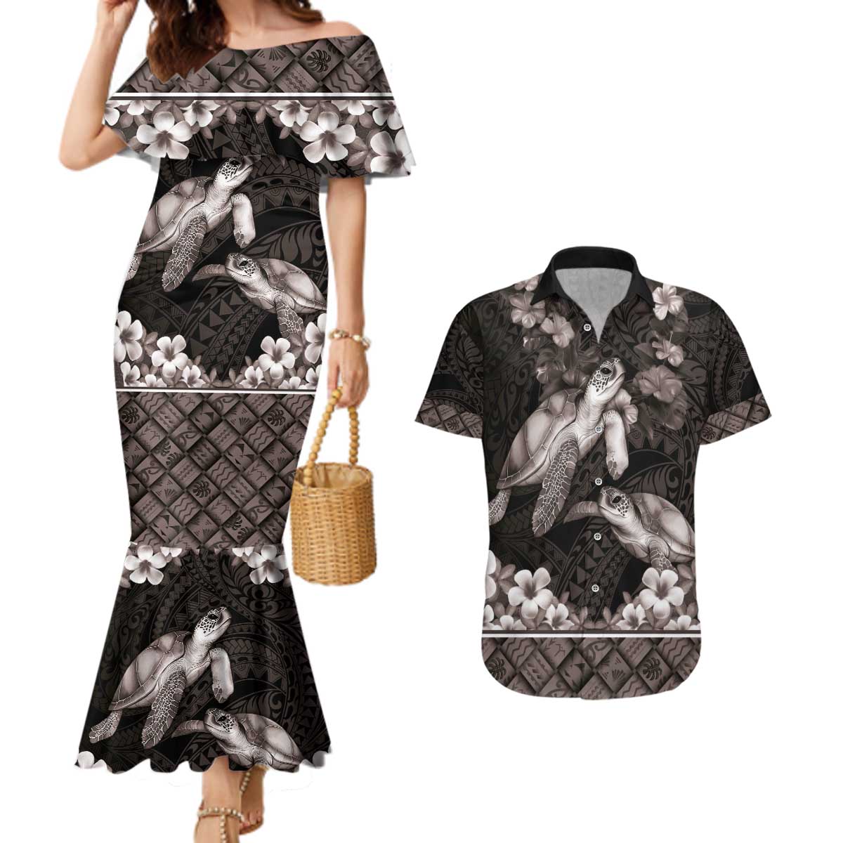 Hawaiian Lei Turtle and Plumeria Couples Matching Mermaid Dress and Hawaiian Shirt Polynerian Art Tattoo-Grayscale Mode