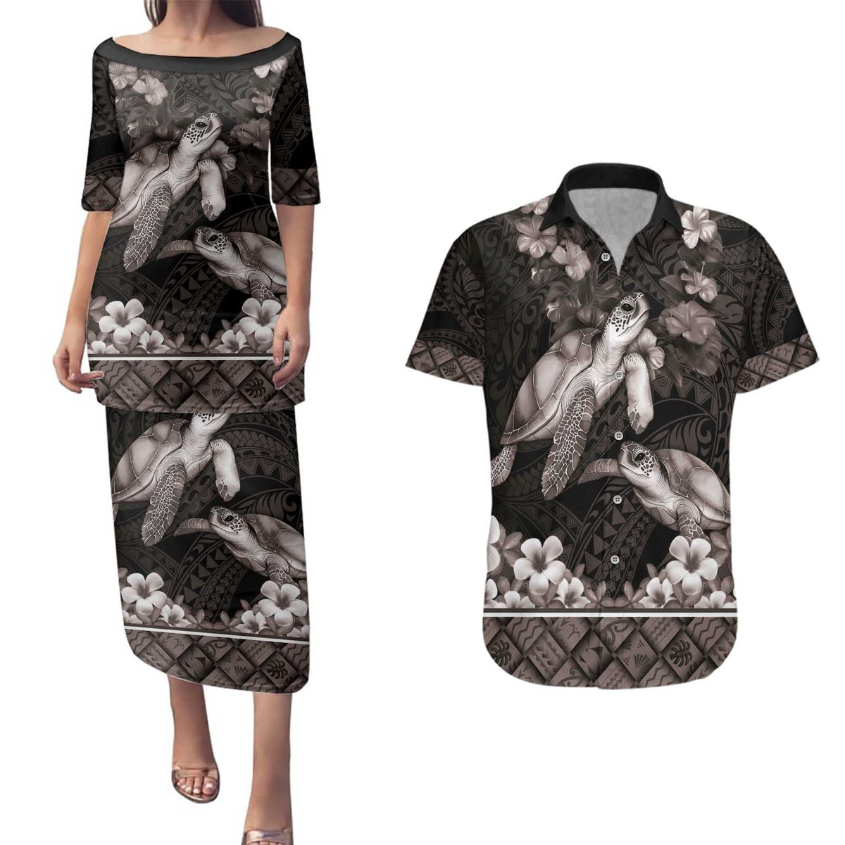 Hawaiian Lei Turtle and Plumeria Couples Matching Puletasi and Hawaiian Shirt Polynerian Art Tattoo-Grayscale Mode LT03 Black - Polynesian Pride