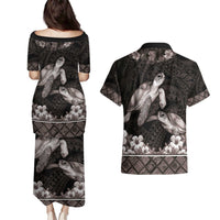 Hawaiian Lei Turtle and Plumeria Couples Matching Puletasi and Hawaiian Shirt Polynerian Art Tattoo-Grayscale Mode LT03 - Polynesian Pride