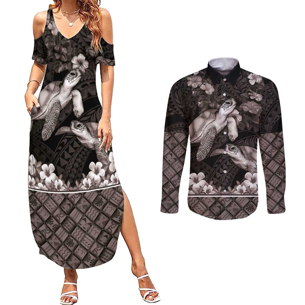 Hawaiian Lei Turtle and Plumeria Couples Matching Summer Maxi Dress and Long Sleeve Button Shirt Polynerian Art Tattoo-Grayscale Mode