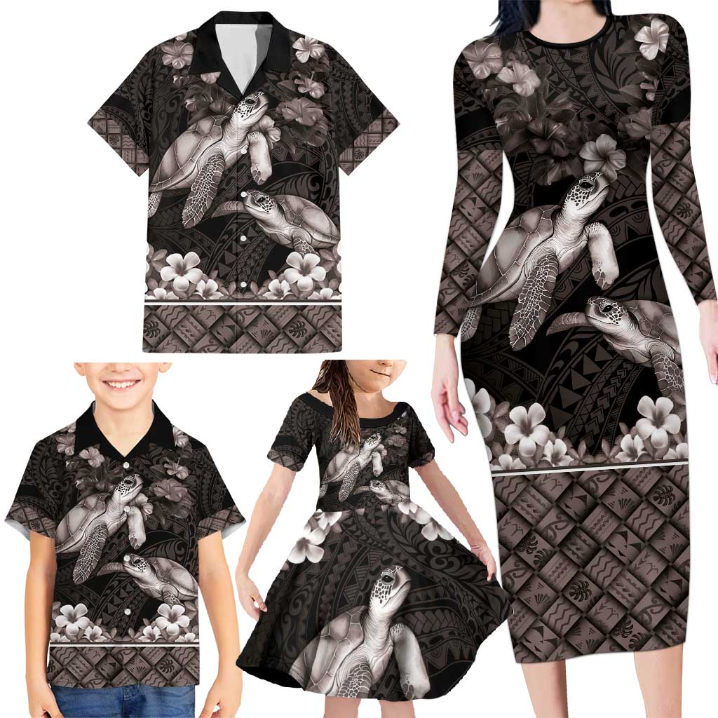 Hawaiian Lei Turtle and Plumeria Family Matching Long Sleeve Bodycon Dress and Hawaiian Shirt Polynerian Art Tattoo-Grayscale Mode LT03 - Polynesian Pride