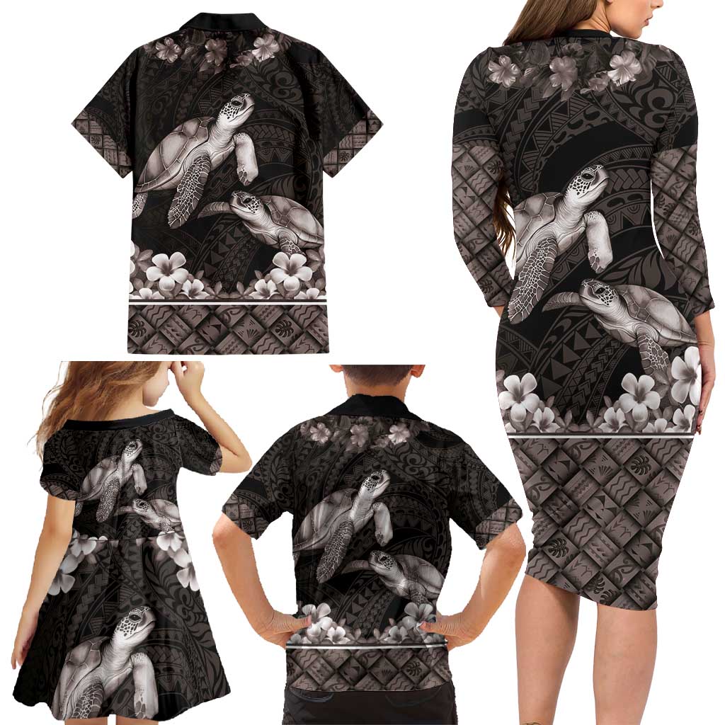 Hawaiian Lei Turtle and Plumeria Family Matching Long Sleeve Bodycon Dress and Hawaiian Shirt Polynerian Art Tattoo-Grayscale Mode LT03 - Polynesian Pride