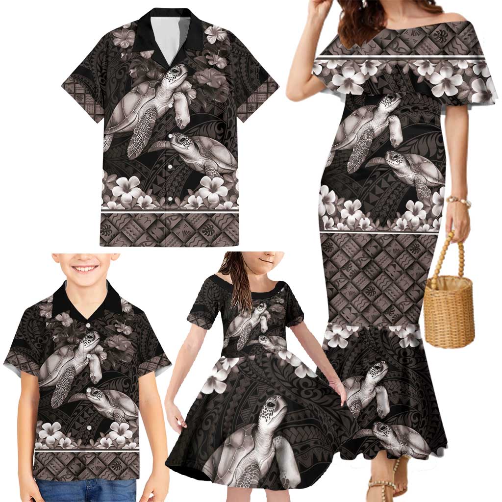 Hawaiian Lei Turtle and Plumeria Family Matching Mermaid Dress and Hawaiian Shirt Polynerian Art Tattoo-Grayscale Mode LT03 - Polynesian Pride