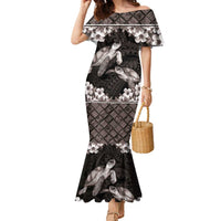 Hawaiian Lei Turtle and Plumeria Family Matching Mermaid Dress and Hawaiian Shirt Polynerian Art Tattoo-Grayscale Mode LT03 Mom's Dress Black - Polynesian Pride