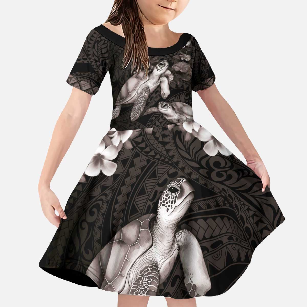 Hawaiian Lei Turtle and Plumeria Family Matching Off The Shoulder Long Sleeve Dress and Hawaiian Shirt Polynerian Art Tattoo-Grayscale Mode LT03 Daughter's Dress Black - Polynesian Pride