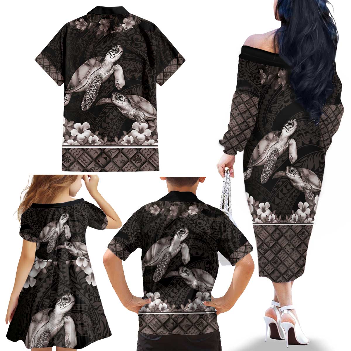 Hawaiian Lei Turtle and Plumeria Family Matching Off The Shoulder Long Sleeve Dress and Hawaiian Shirt Polynerian Art Tattoo-Grayscale Mode LT03 - Polynesian Pride