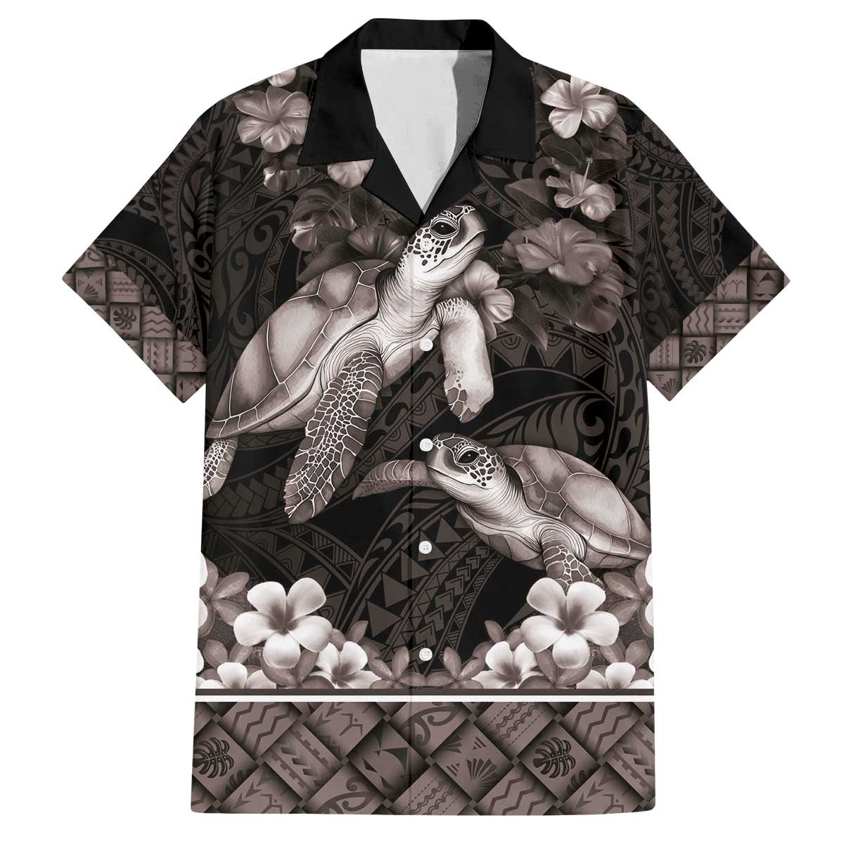 Hawaiian Lei Turtle and Plumeria Family Matching Off The Shoulder Long Sleeve Dress and Hawaiian Shirt Polynerian Art Tattoo-Grayscale Mode LT03 Dad's Shirt - Short Sleeve Black - Polynesian Pride