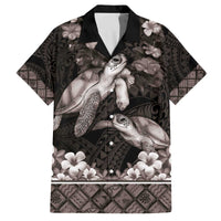 Hawaiian Lei Turtle and Plumeria Family Matching Off The Shoulder Long Sleeve Dress and Hawaiian Shirt Polynerian Art Tattoo-Grayscale Mode LT03 Dad's Shirt - Short Sleeve Black - Polynesian Pride