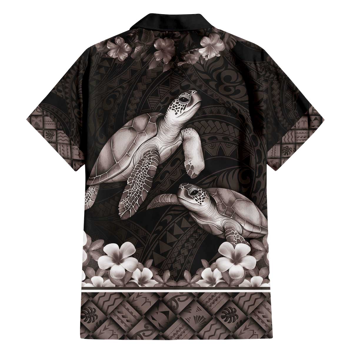 Hawaiian Lei Turtle and Plumeria Family Matching Off The Shoulder Long Sleeve Dress and Hawaiian Shirt Polynerian Art Tattoo-Grayscale Mode LT03 - Polynesian Pride