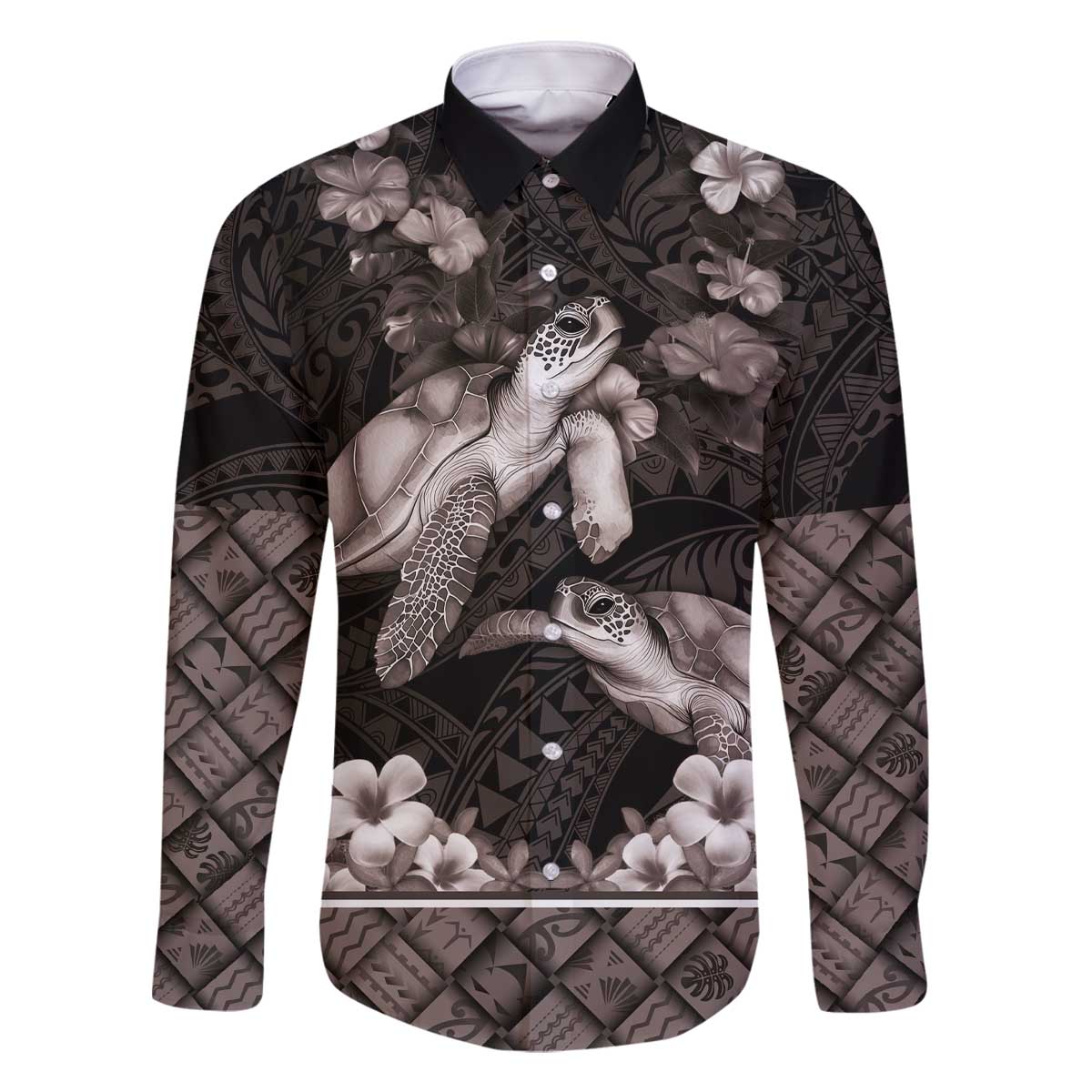 Hawaiian Lei Turtle and Plumeria Family Matching Off The Shoulder Long Sleeve Dress and Hawaiian Shirt Polynerian Art Tattoo-Grayscale Mode LT03 Dad's Shirt - Long Sleeve Black - Polynesian Pride