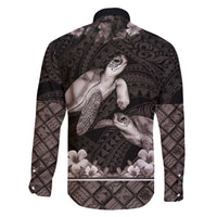 Hawaiian Lei Turtle and Plumeria Family Matching Off The Shoulder Long Sleeve Dress and Hawaiian Shirt Polynerian Art Tattoo-Grayscale Mode LT03 - Polynesian Pride