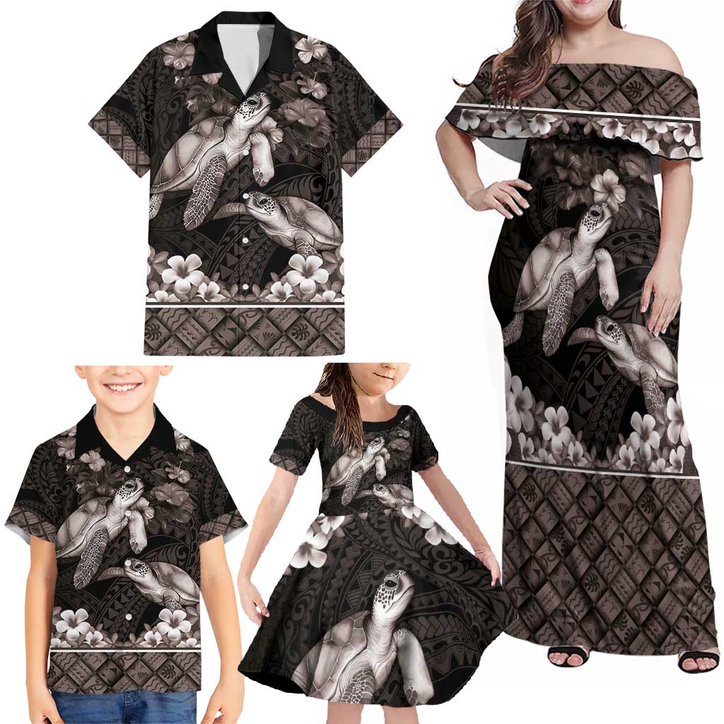 Hawaiian Lei Turtle and Plumeria Family Matching Off Shoulder Maxi Dress and Hawaiian Shirt Polynerian Art Tattoo-Grayscale Mode LT03 - Polynesian Pride