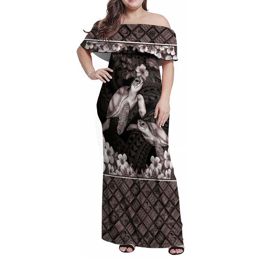 Hawaiian Lei Turtle and Plumeria Family Matching Off Shoulder Maxi Dress and Hawaiian Shirt Polynerian Art Tattoo-Grayscale Mode LT03 Mom's Dress Black - Polynesian Pride