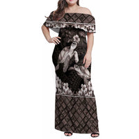 Hawaiian Lei Turtle and Plumeria Family Matching Off Shoulder Maxi Dress and Hawaiian Shirt Polynerian Art Tattoo-Grayscale Mode LT03 Mom's Dress Black - Polynesian Pride