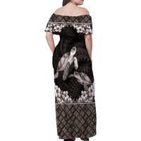 Hawaiian Lei Turtle and Plumeria Family Matching Off Shoulder Maxi Dress and Hawaiian Shirt Polynerian Art Tattoo-Grayscale Mode LT03 - Polynesian Pride