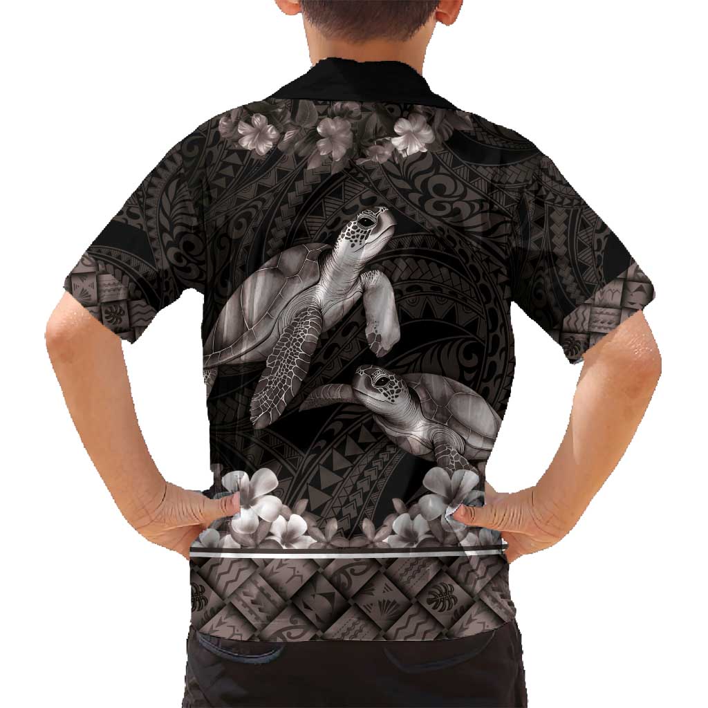 Hawaiian Lei Turtle and Plumeria Family Matching Off Shoulder Short Dress and Hawaiian Shirt Polynerian Art Tattoo-Grayscale Mode LT03 - Polynesian Pride