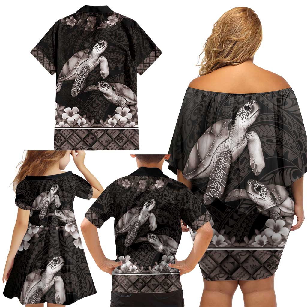 Hawaiian Lei Turtle and Plumeria Family Matching Off Shoulder Short Dress and Hawaiian Shirt Polynerian Art Tattoo-Grayscale Mode LT03 - Polynesian Pride