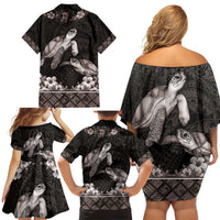 Hawaiian Lei Turtle and Plumeria Family Matching Off Shoulder Short Dress and Hawaiian Shirt Polynerian Art Tattoo-Grayscale Mode LT03 - Polynesian Pride