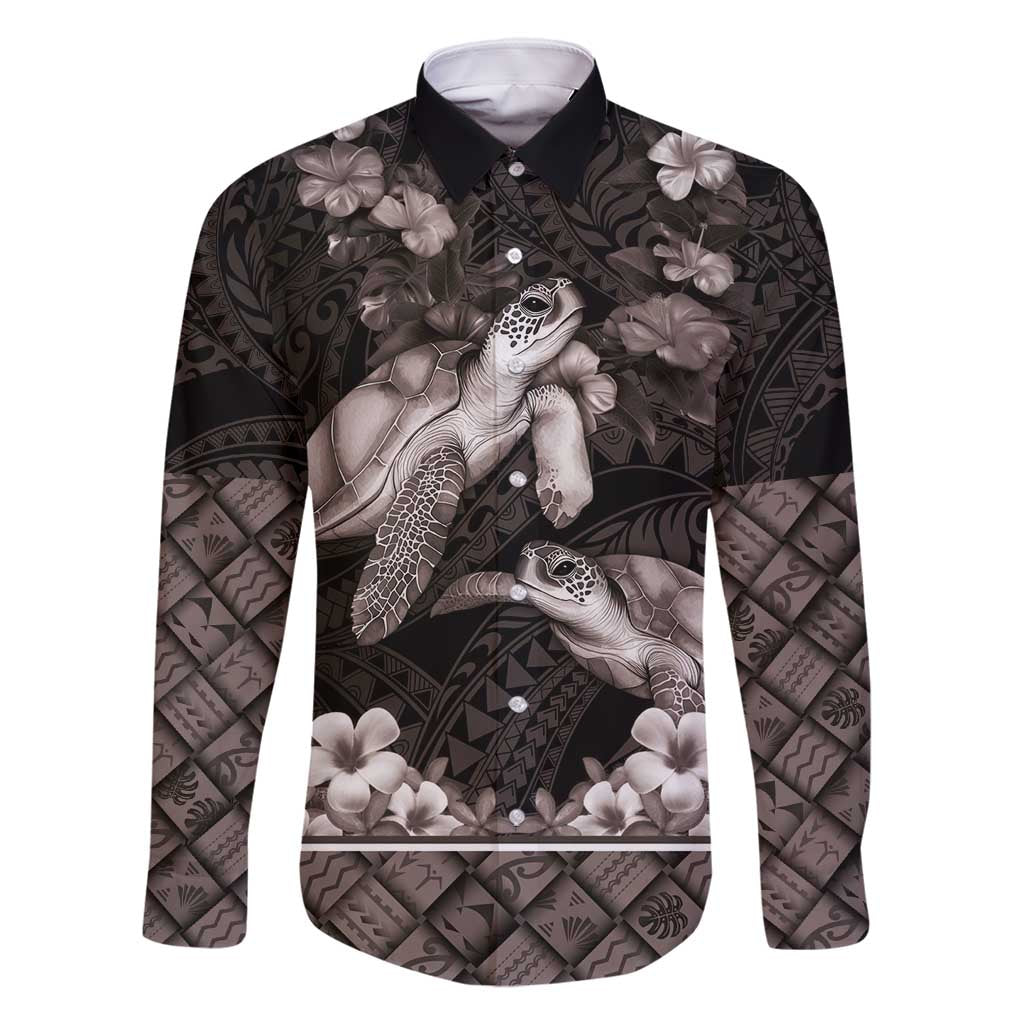 Hawaiian Lei Turtle and Plumeria Family Matching Off Shoulder Short Dress and Hawaiian Shirt Polynerian Art Tattoo-Grayscale Mode LT03 Dad's Shirt - Long Sleeve Black - Polynesian Pride