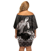Hawaiian Lei Turtle and Plumeria Family Matching Off Shoulder Short Dress and Hawaiian Shirt Polynerian Art Tattoo-Grayscale Mode LT03 - Polynesian Pride