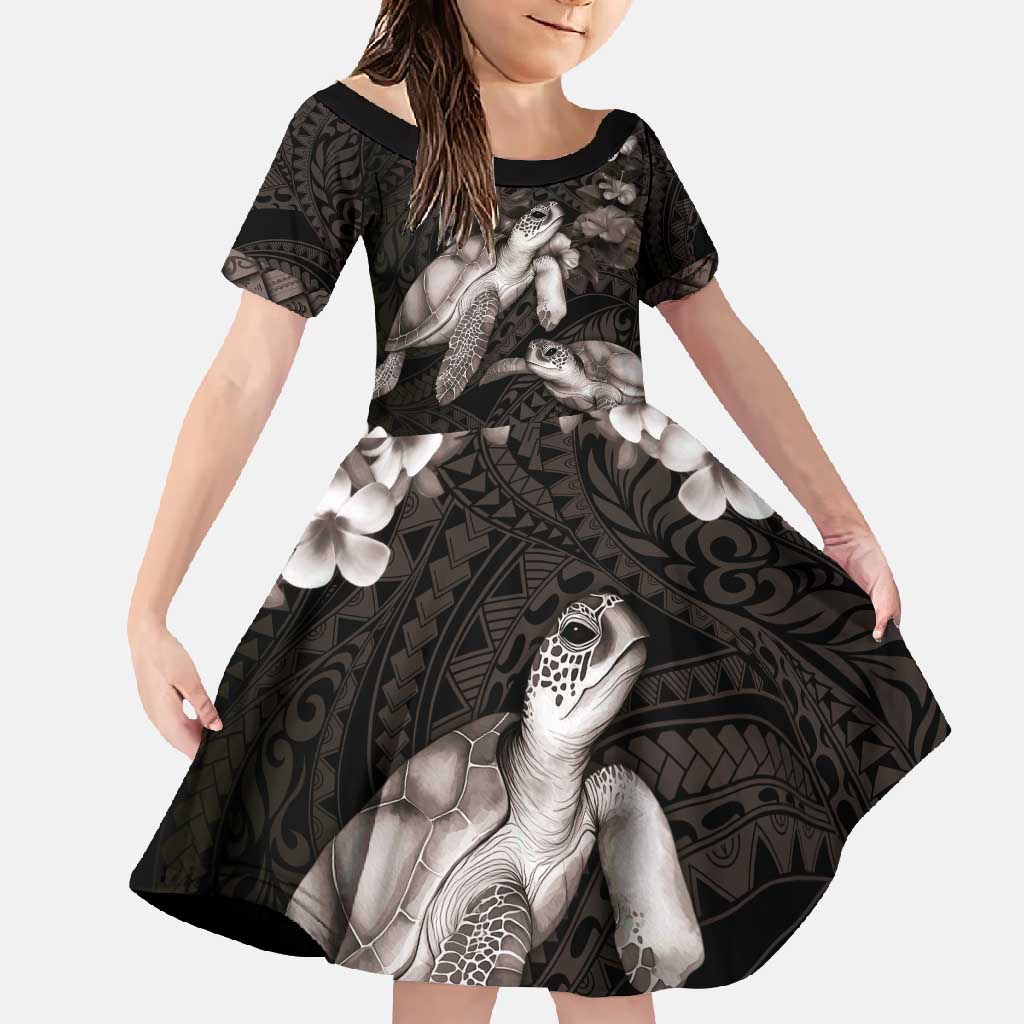 Hawaiian Lei Turtle and Plumeria Family Matching Short Sleeve Bodycon Dress and Hawaiian Shirt Polynerian Art Tattoo-Grayscale Mode LT03 Daughter's Dress Black - Polynesian Pride