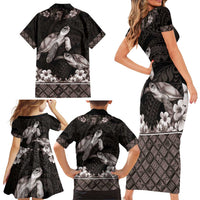 Hawaiian Lei Turtle and Plumeria Family Matching Short Sleeve Bodycon Dress and Hawaiian Shirt Polynerian Art Tattoo-Grayscale Mode LT03 - Polynesian Pride
