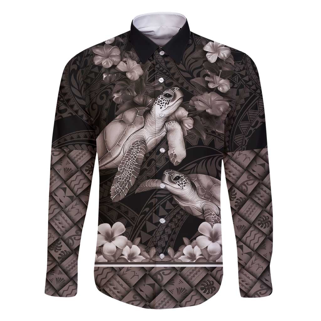 Hawaiian Lei Turtle and Plumeria Family Matching Short Sleeve Bodycon Dress and Hawaiian Shirt Polynerian Art Tattoo-Grayscale Mode LT03 Dad's Shirt - Long Sleeve Black - Polynesian Pride