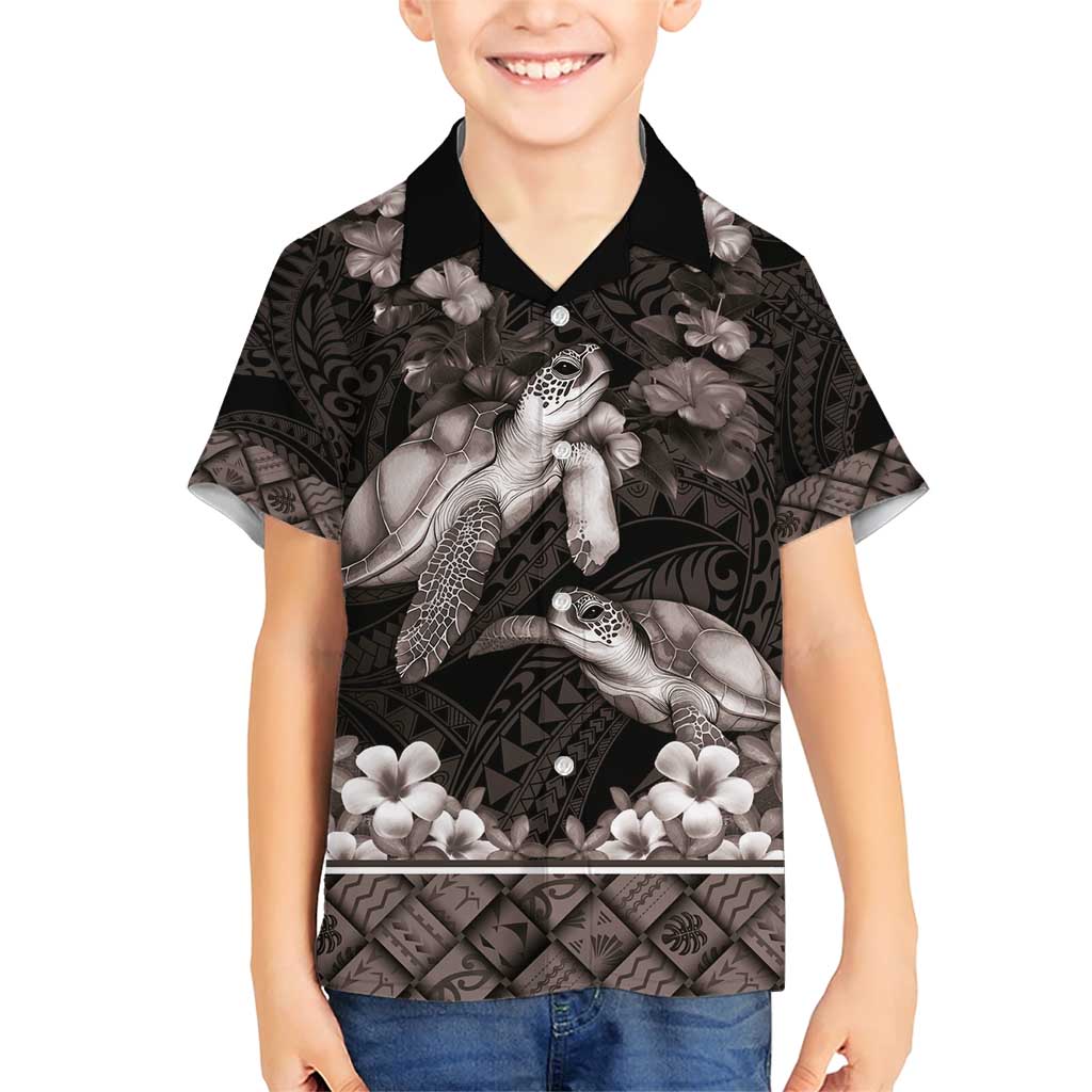 Hawaiian Lei Turtle and Plumeria Family Matching Short Sleeve Bodycon Dress and Hawaiian Shirt Polynerian Art Tattoo-Grayscale Mode LT03 Son's Shirt Black - Polynesian Pride
