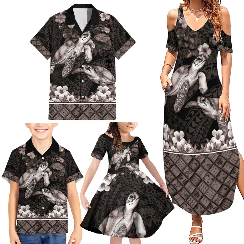 Hawaiian Lei Turtle and Plumeria Family Matching Summer Maxi Dress and Hawaiian Shirt Polynerian Art Tattoo-Grayscale Mode LT03 - Polynesian Pride