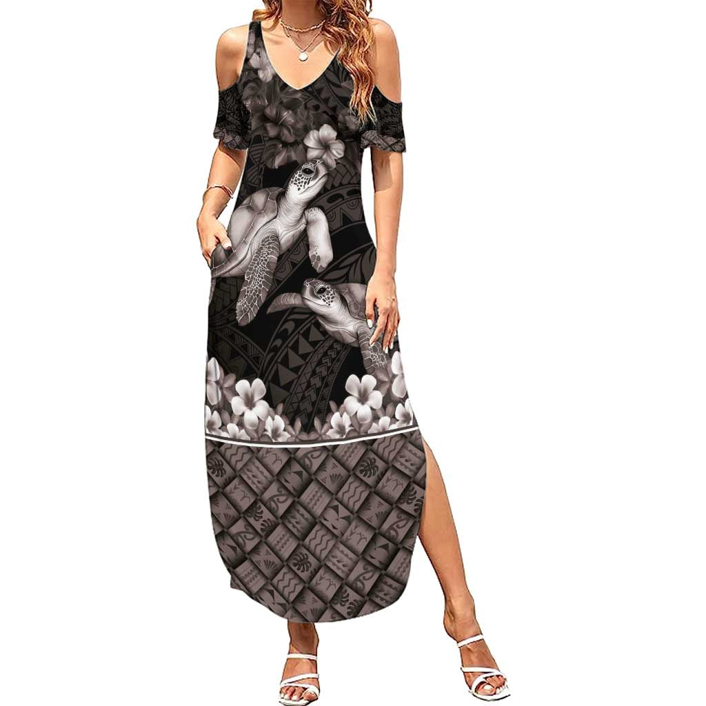 Hawaiian Lei Turtle and Plumeria Family Matching Summer Maxi Dress and Hawaiian Shirt Polynerian Art Tattoo-Grayscale Mode LT03 Mom's Dress Black - Polynesian Pride