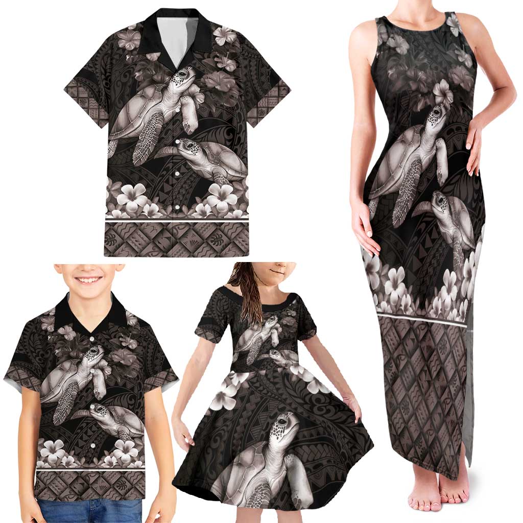 Hawaiian Lei Turtle and Plumeria Family Matching Tank Maxi Dress and Hawaiian Shirt Polynerian Art Tattoo-Grayscale Mode LT03 - Polynesian Pride