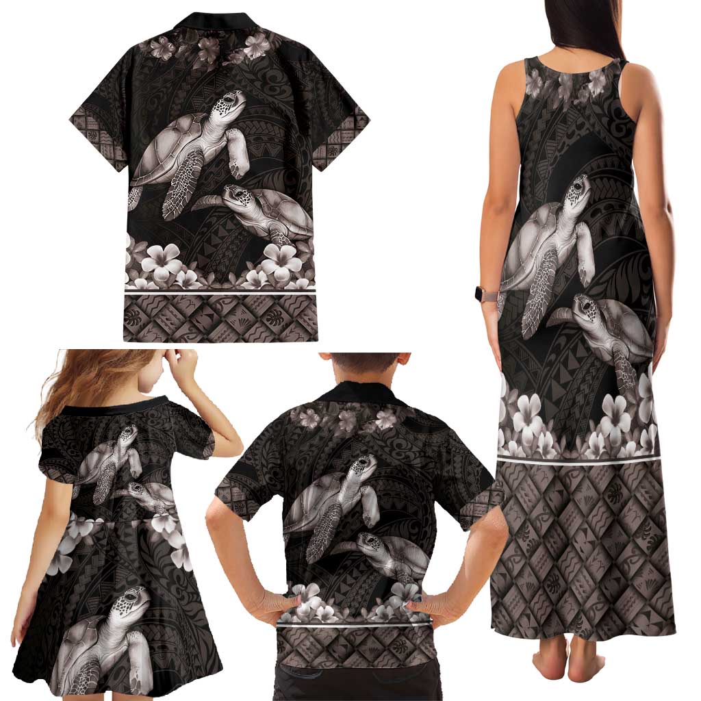 Hawaiian Lei Turtle and Plumeria Family Matching Tank Maxi Dress and Hawaiian Shirt Polynerian Art Tattoo-Grayscale Mode LT03 - Polynesian Pride