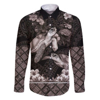Hawaiian Lei Turtle and Plumeria Family Matching Tank Maxi Dress and Hawaiian Shirt Polynerian Art Tattoo-Grayscale Mode LT03 Dad's Shirt - Long Sleeve Black - Polynesian Pride