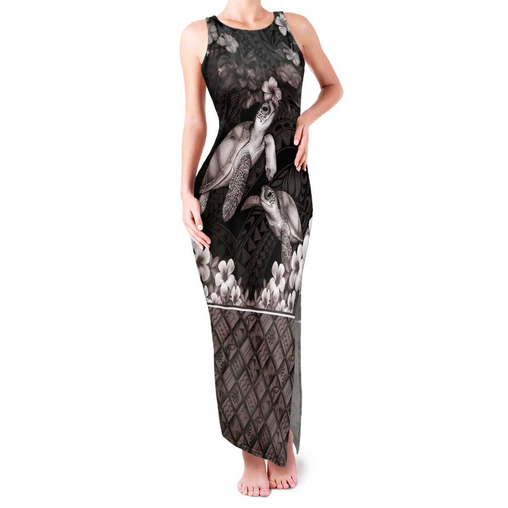 Hawaiian Lei Turtle and Plumeria Family Matching Tank Maxi Dress and Hawaiian Shirt Polynerian Art Tattoo-Grayscale Mode LT03 Mom's Dress Black - Polynesian Pride